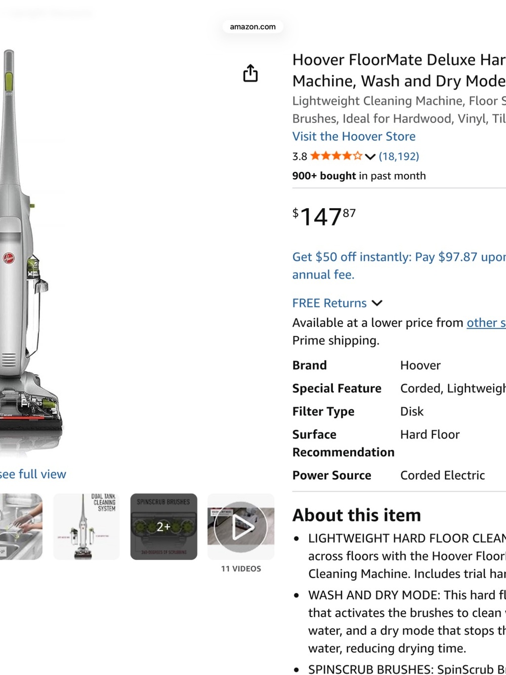 Hoover FloorMate Deluxe Hard Floor Cleaner in White